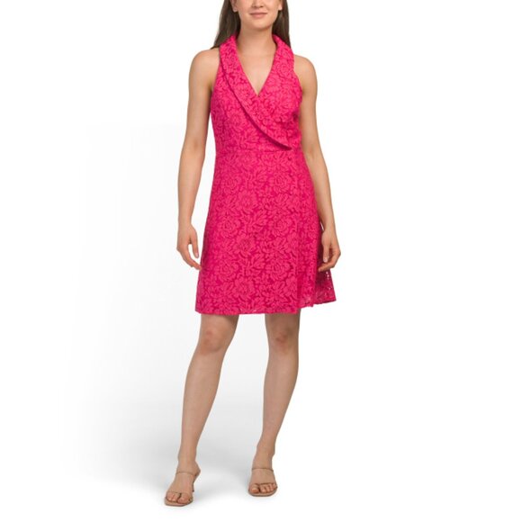 ADRIANNA PAPELL Petunia Lace Tuxedo Mini Dress With Faux Wrap Detail